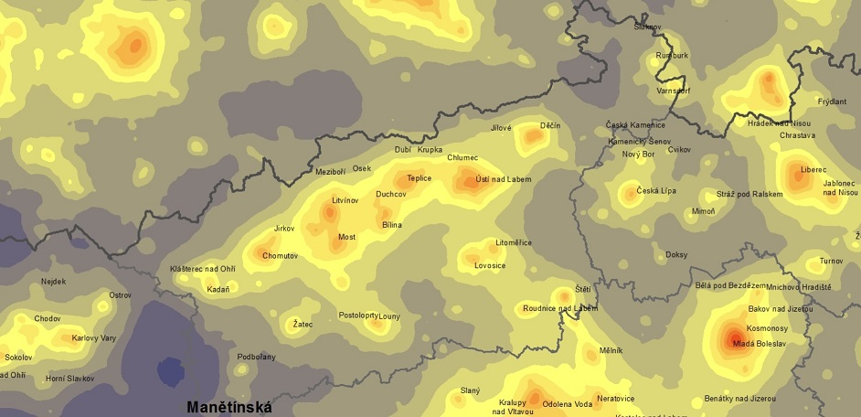 Mapa jasu noční oblohy nad Ústeckým krajem